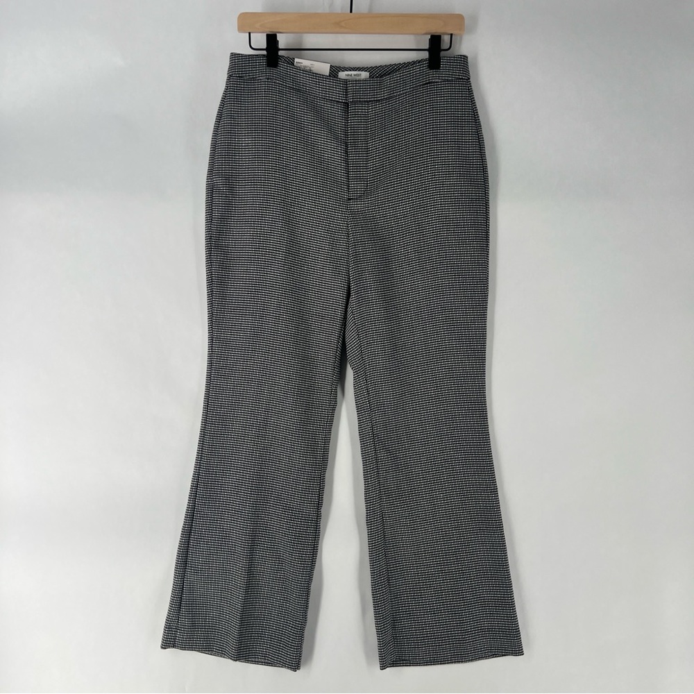 Nine West Black Silver Houndstooth Stretch Knit High Rise Kick Flare Pants 8
